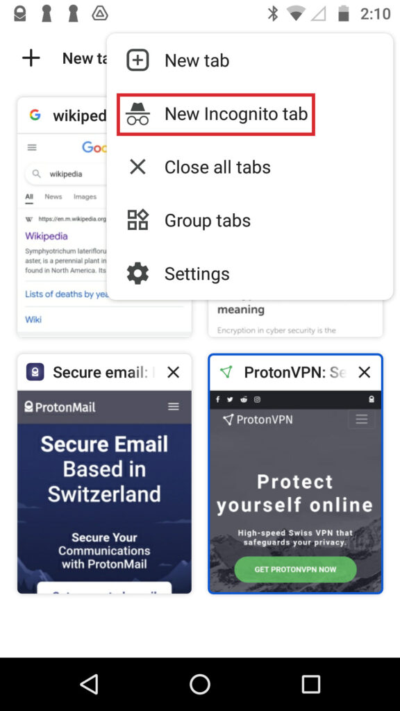 How to open a new Incognito tab in Chrome on Android