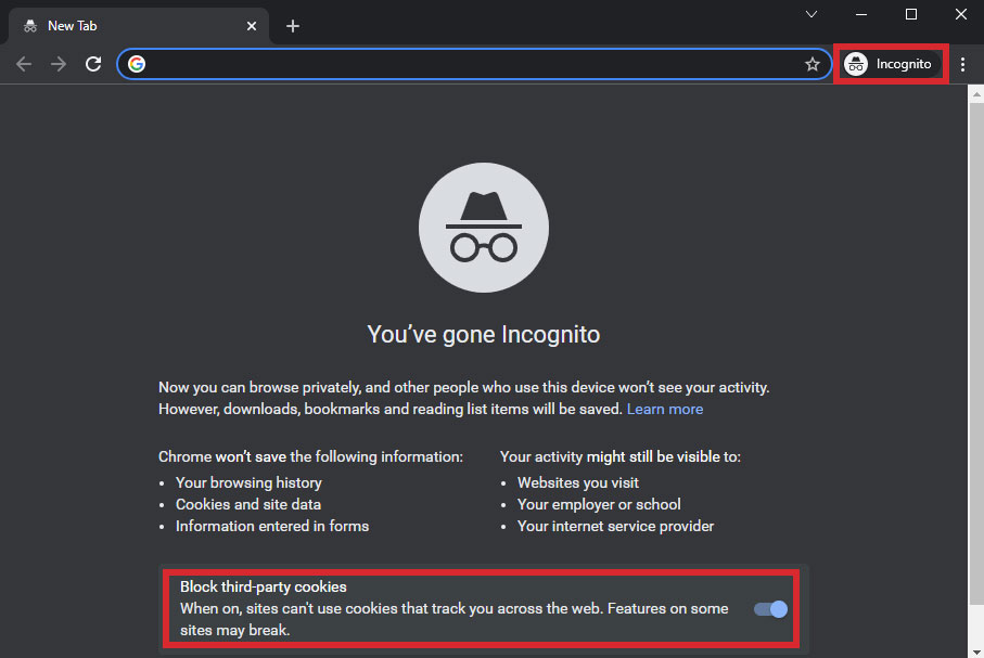 How an Incognito window looks in Chrome showing Block third-party cookies switch