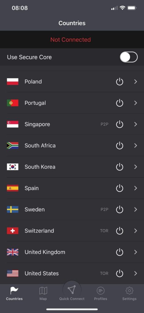 countries iOS Proton VPN