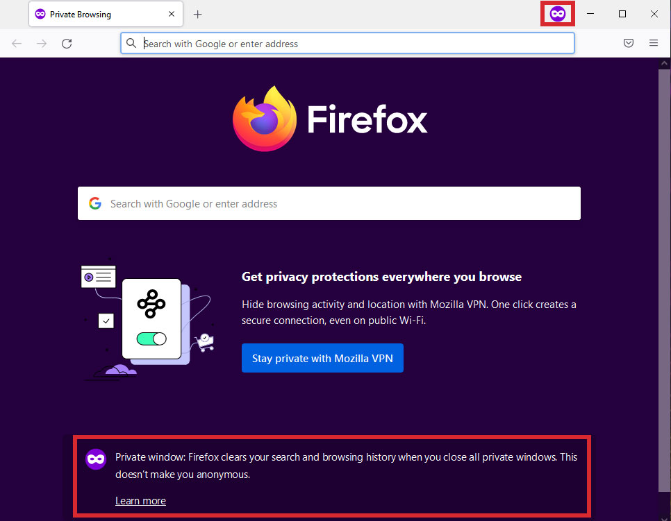 How a Private Browsing window looks in Firefox showing the Private window message