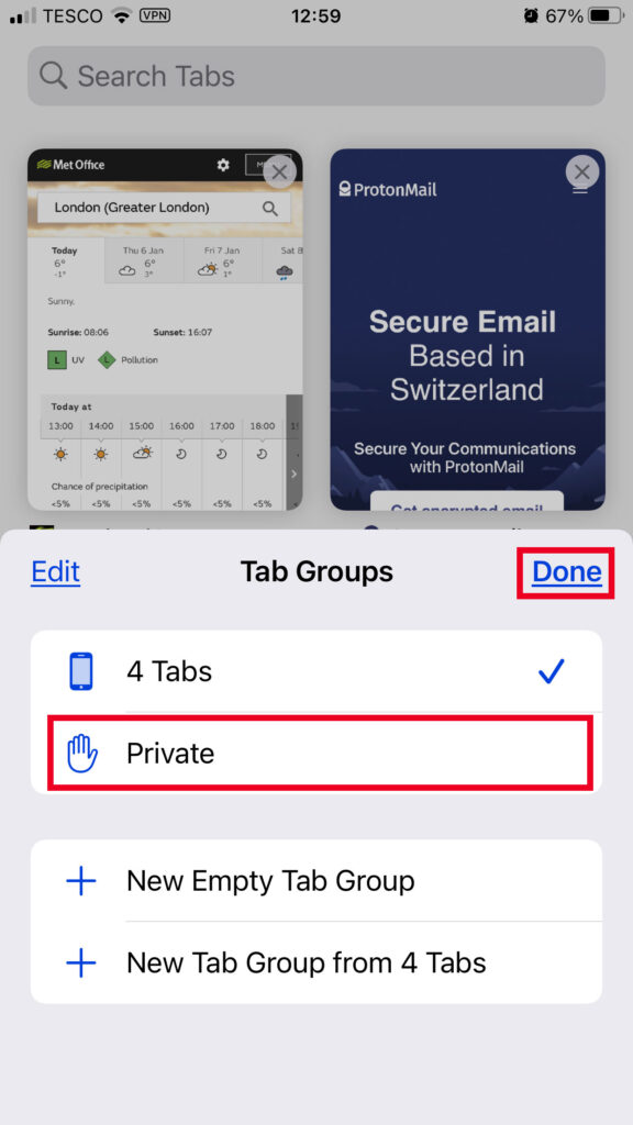 Safari window on iPhone showing the Private option – the final step to start Private Browsing 