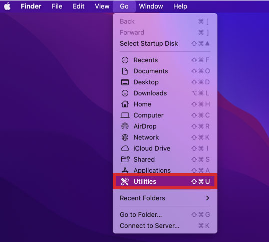 Finder showing how to find utilities on  Mac