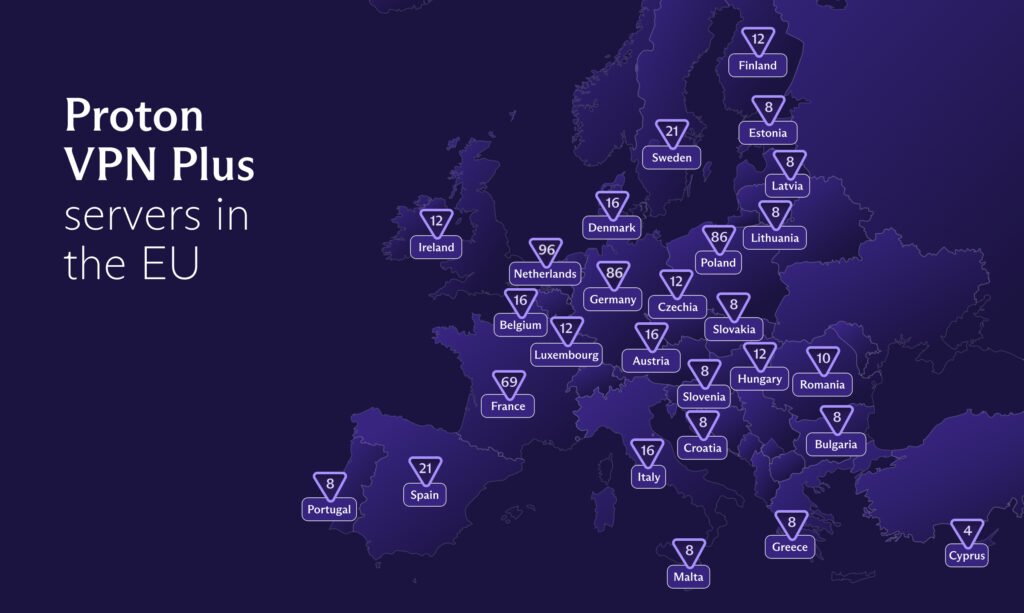 Map of Prootn VPN Plus servers in the EU