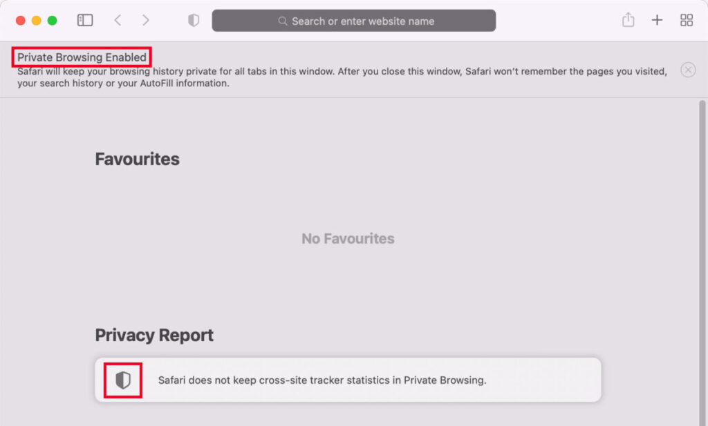 How a Private Browsing window looks in Safari showing the Privacy Report shield