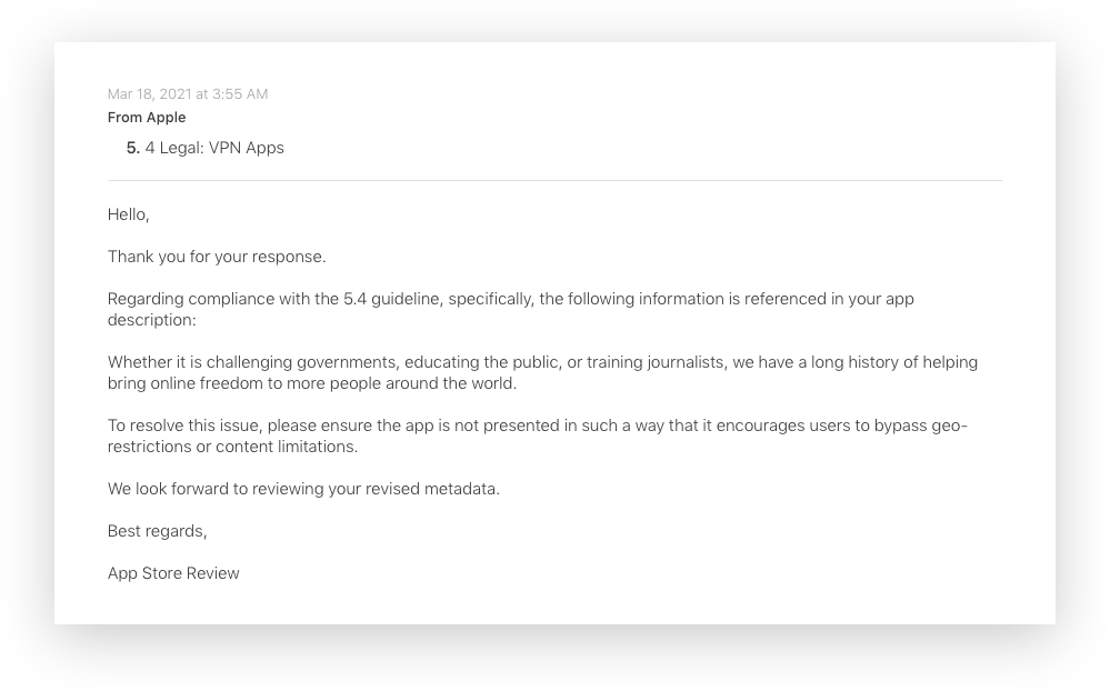 A screenshot of the email Apple sent to us to explain that it was blocking our update to Proton VPN.