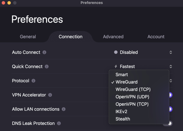 Changing VPN protocols in the Proton VPN app