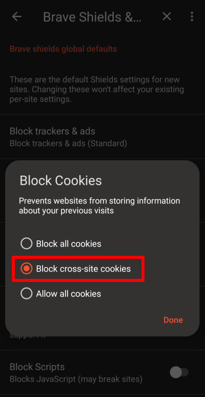Block third-party cookies on Brave for Android