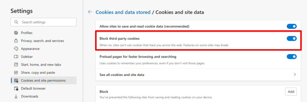 Block third-party cookies on Edge for Windows