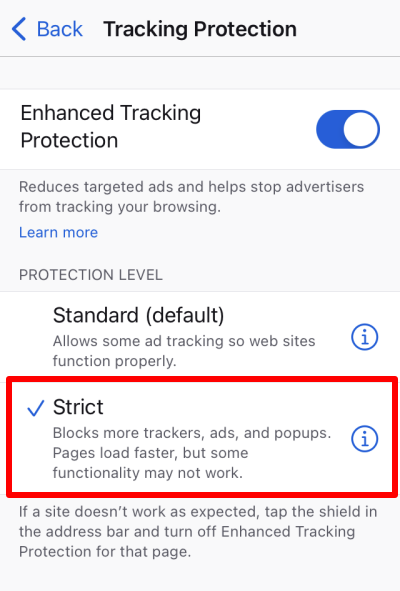 Strict tracking protection on Firefox for iOS