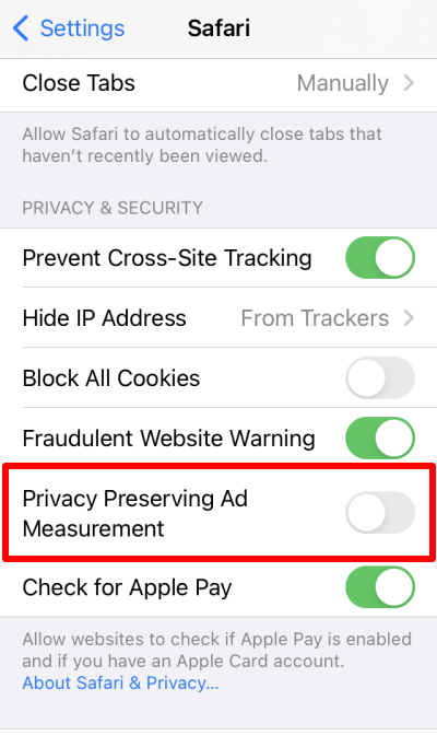 Disable Privacy Preserving Ad Measurement for Safari on iOS