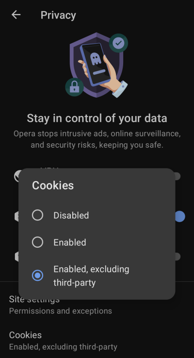 Block third-party cookies on Opera for Android