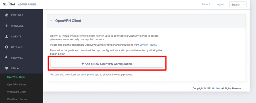 Click on the + Add a New OpenVPN Configuration bu