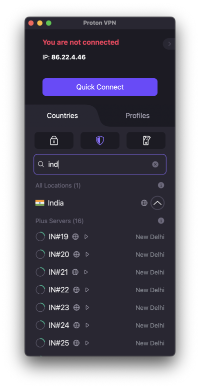 Connect to a server in India