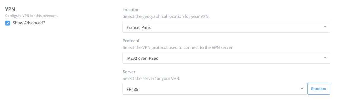 Screenshot of VPN menu for Invizbox 2