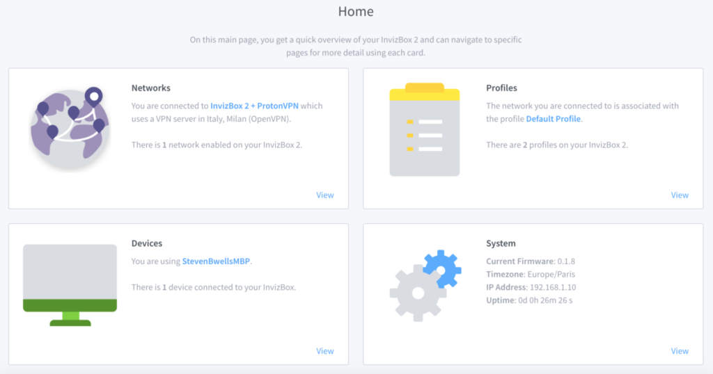 Screenshot of the Invizbox 2 home menu