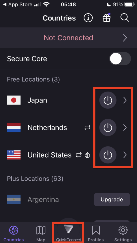 Proton VPN app showing the Quick Connect button and the power buttons to connect to a free server in Japan, the Netherlands, or the United States