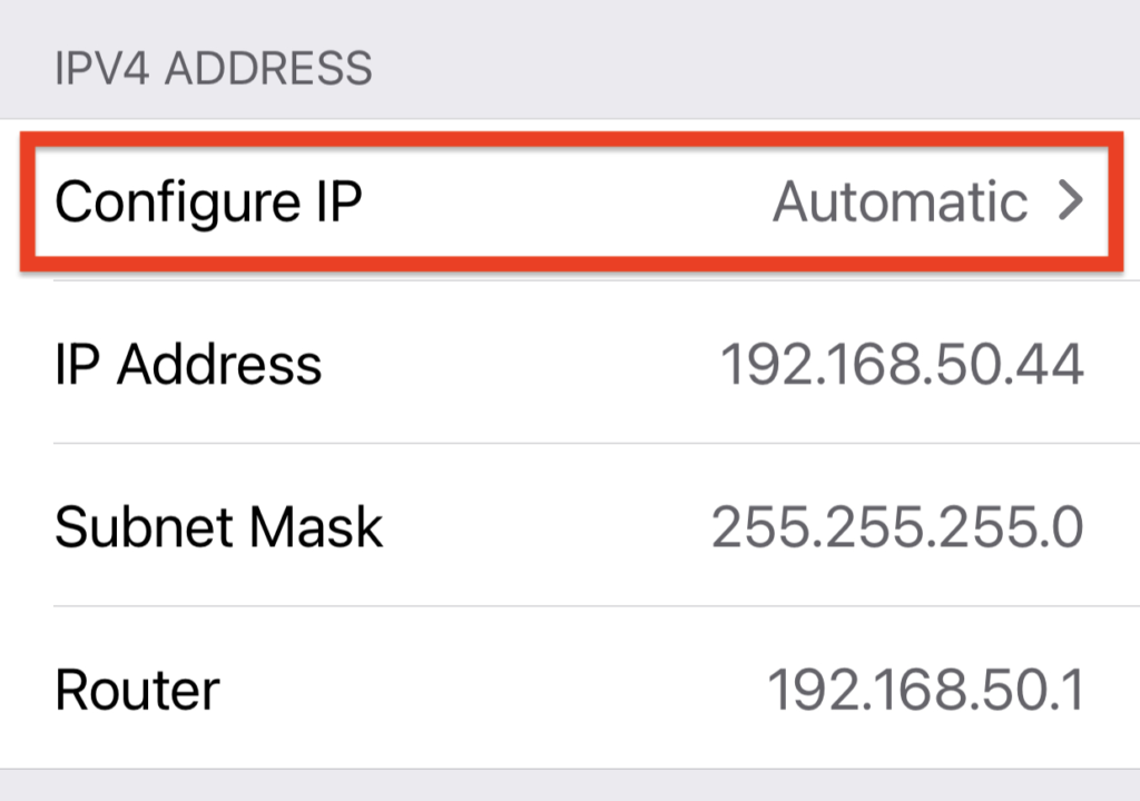 iOS Settings showing the Configure IP option to change your iPhone's IPv4 address manually