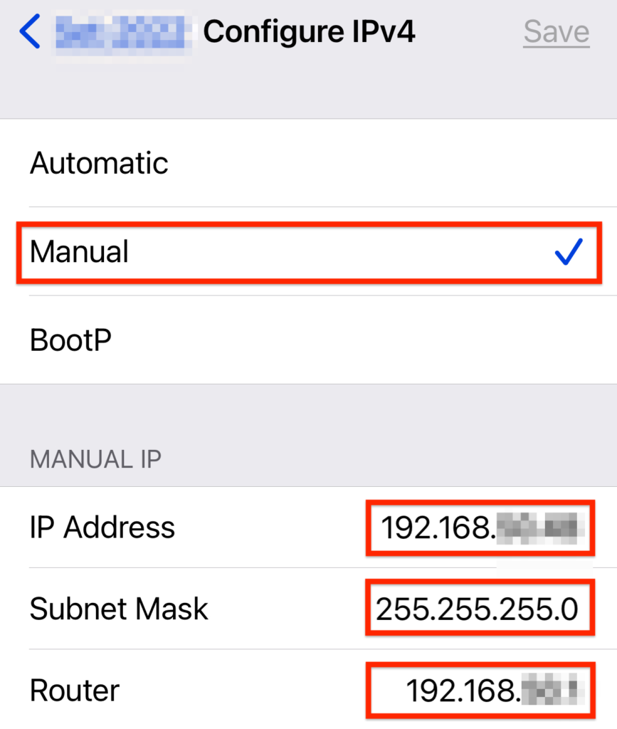 iOS Settings showing the Manual IP section to manually change the IPv4 address on your iPhone