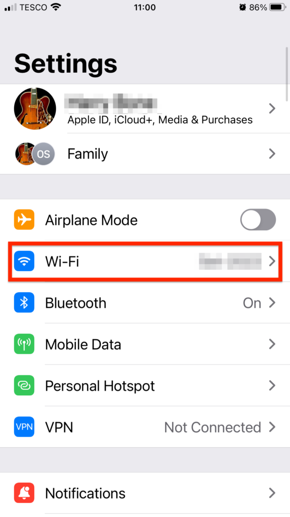 iOS Settings showing the Wi-Fi option to find your iPhone's local IP address