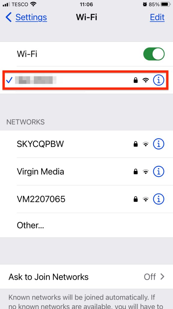 iOS Wi-Fi settings showing the WiFi network your iPhone is connected to