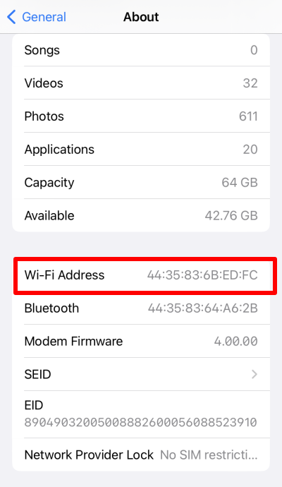 Find your MAC address on  iOS and iPadOS