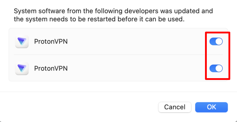  Toggle both Proton VPN switches on