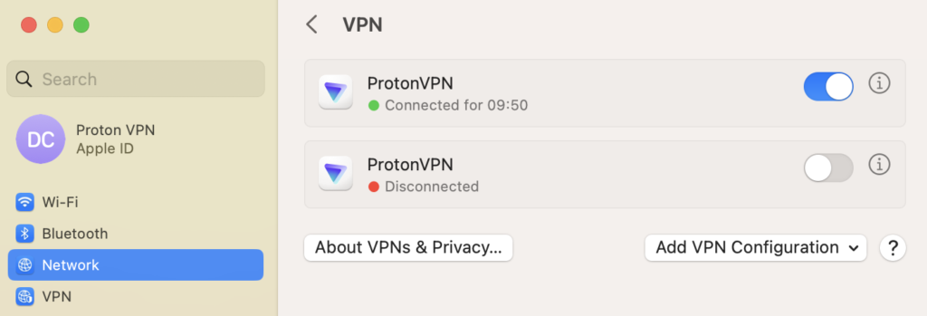 Verify that a new Proton VPN network service is created