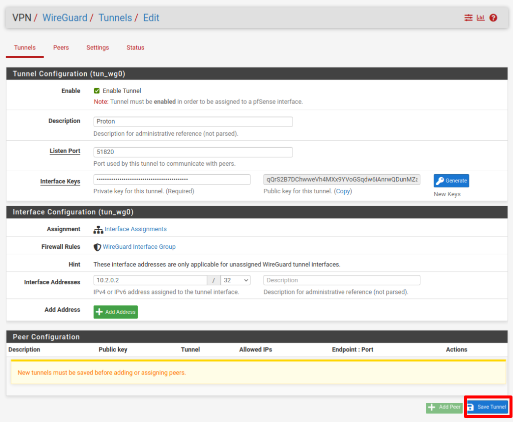 Create a new WireGuard tunnel