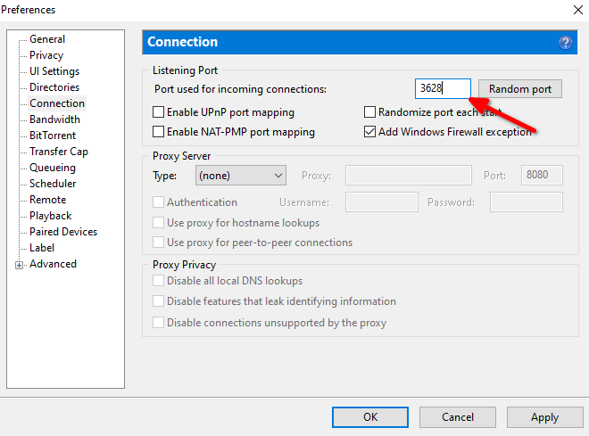 Set listening port  in uTorrent