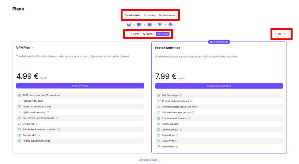 Select your desired Proton VPN plan