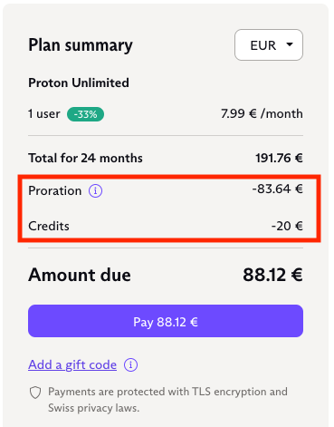 Payment summary showing proration and credits
