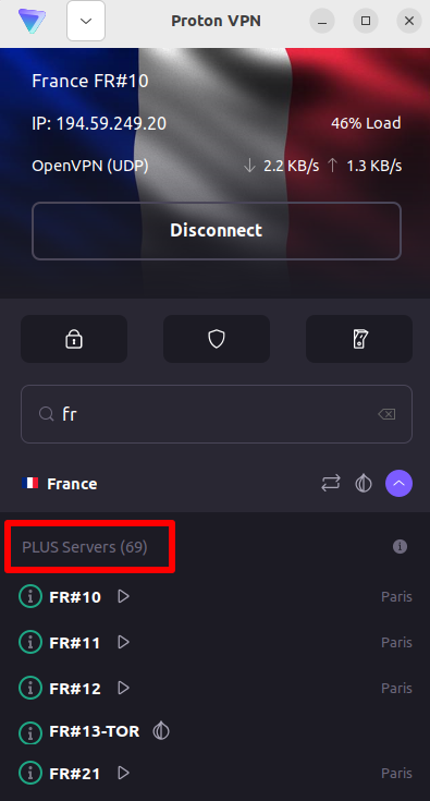 French Plus servers Proton VPN