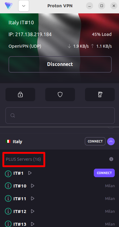 Italy Plus servers Proton VPN 