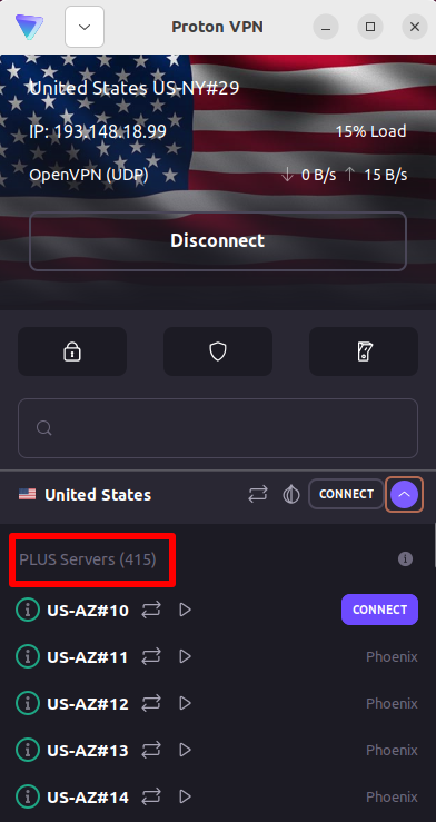 USA Plus servers Proton VPN on mobile