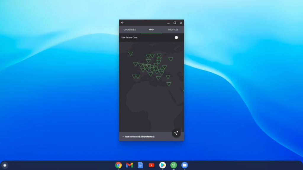 A screenshot of the Proton VPN VPN server selection screen on a Chromebook.