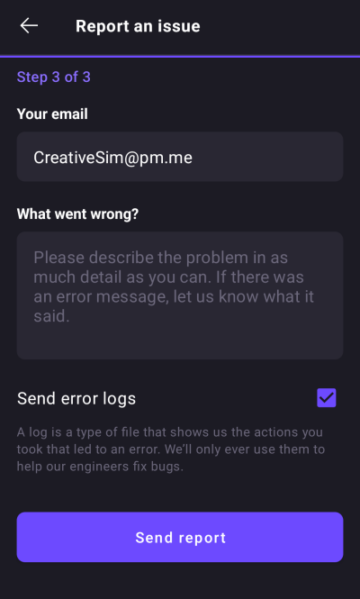 Report issue details and send error logs