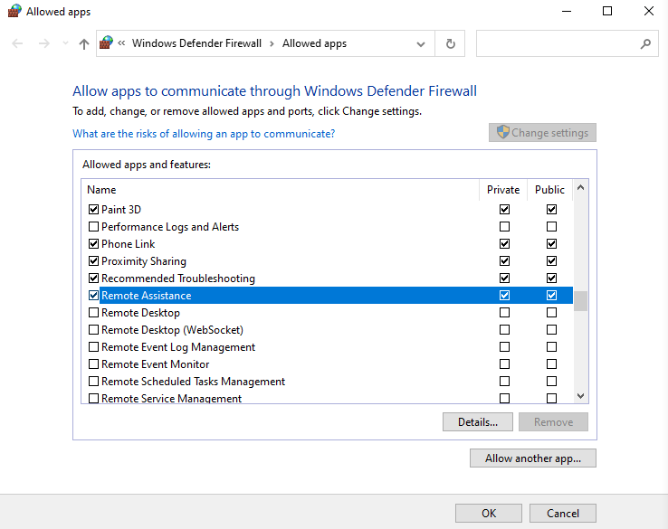 Locate Remote Assistance and make sure both its Public and Private boxes are checked