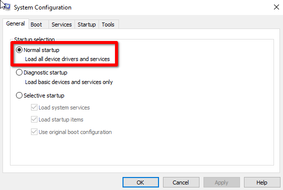 n the General tab, ensure Normal startup is selected