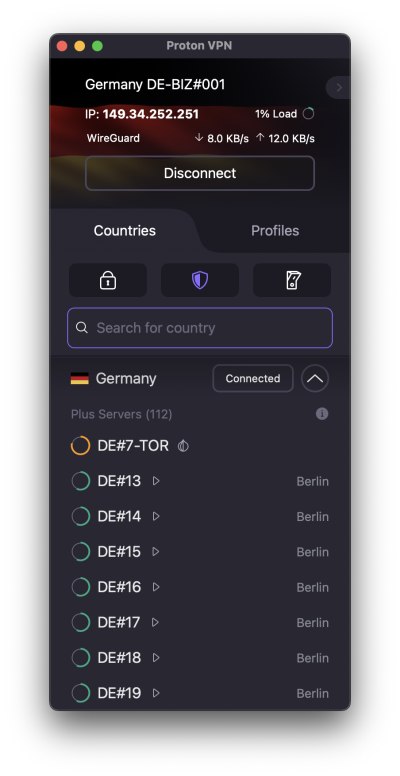 Connect Proton VPN to German servers on the desktop