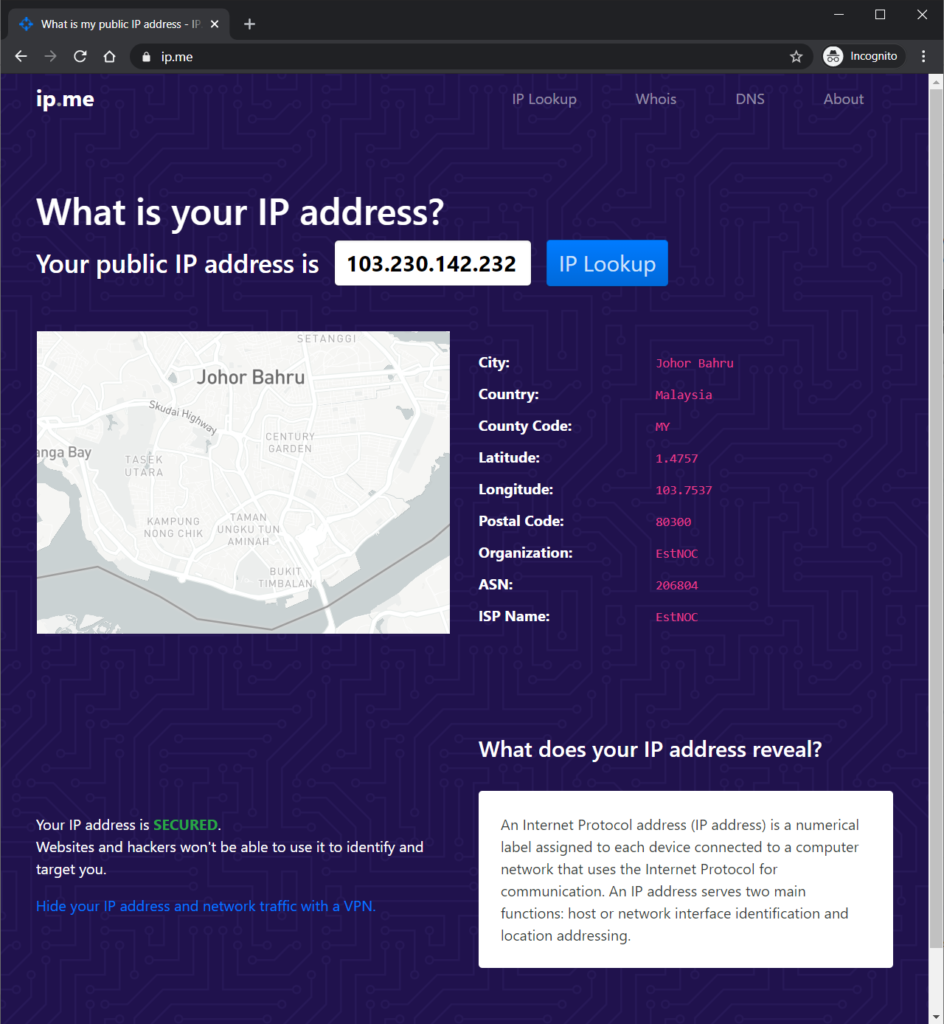 A screenshot of IP.me showing the true IP address of the VPN server.