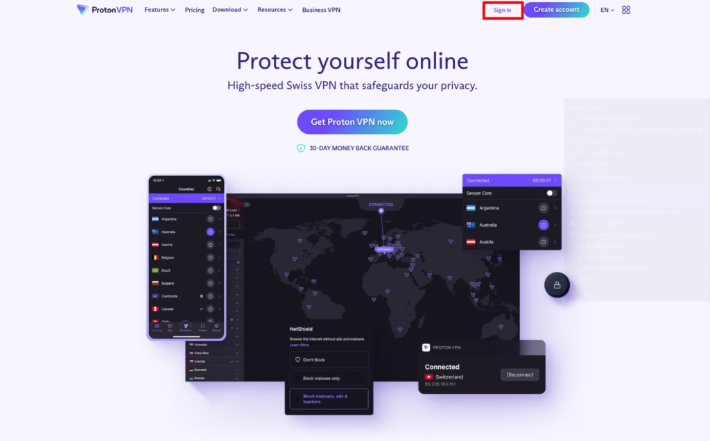 The Proton VPN home page