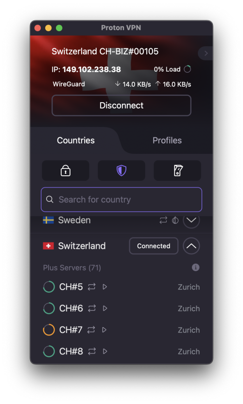 Connect to any Swiss VPN server