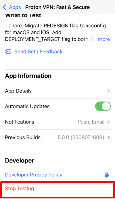Shows button to stop using TestFlight to beta test Proton VPN.