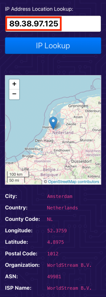 What is your IP address website showing the IP address of someone connected to a Proton VPN free server in the Netherlands
