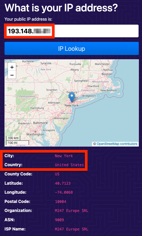 ip.me website showing your current IP address, city, and country - a way to check you IP address when streaming