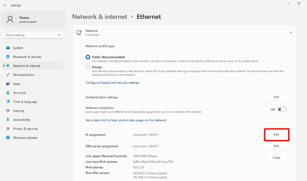 Edit IP assignment Ethernet