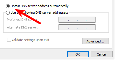Enable Obtain DNS server addresses automatically