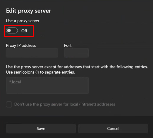 Disable proxy connections in Windows